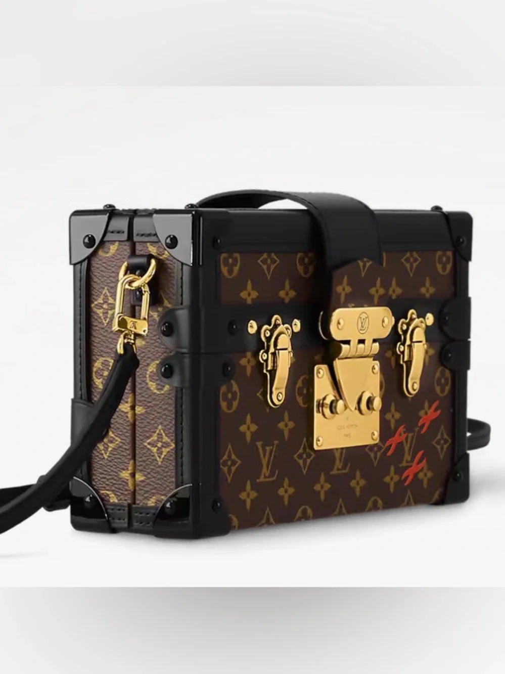 Louis Vuitton Monogram Trunk Box Clutch with Black Trim and Red Accents